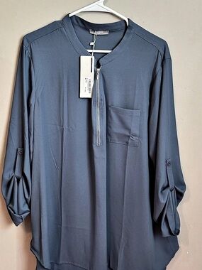 Furnex Women's V Neck Chiffon Blouse Half Zip up Tunic Blue XL